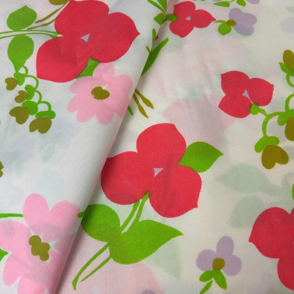 Vintage Pennprest Penneys Percale Pink Red Floral Full Flat Bed Sheet 81x104